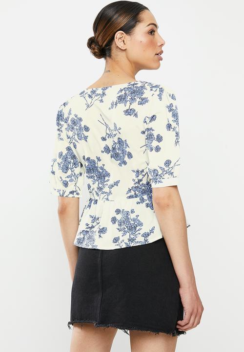 Brave Soul - V-neck peplum blouse - blue & neutral 