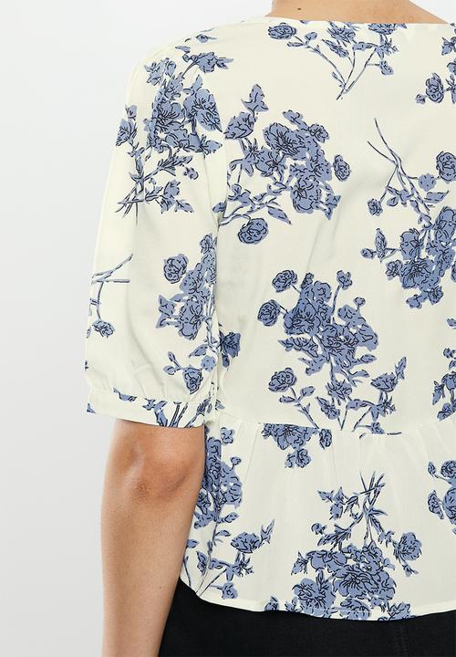 Brave Soul - V-neck peplum blouse - blue & neutral 