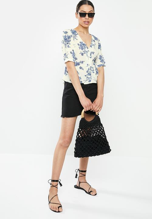 Brave Soul - V-neck peplum blouse - blue & neutral 