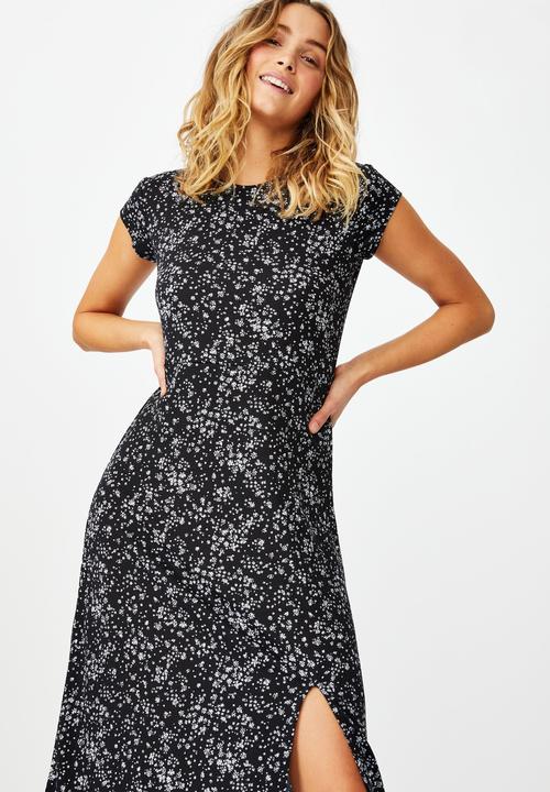Cotton On - Elsa short sleeve split front midi dress - penny ditsy black