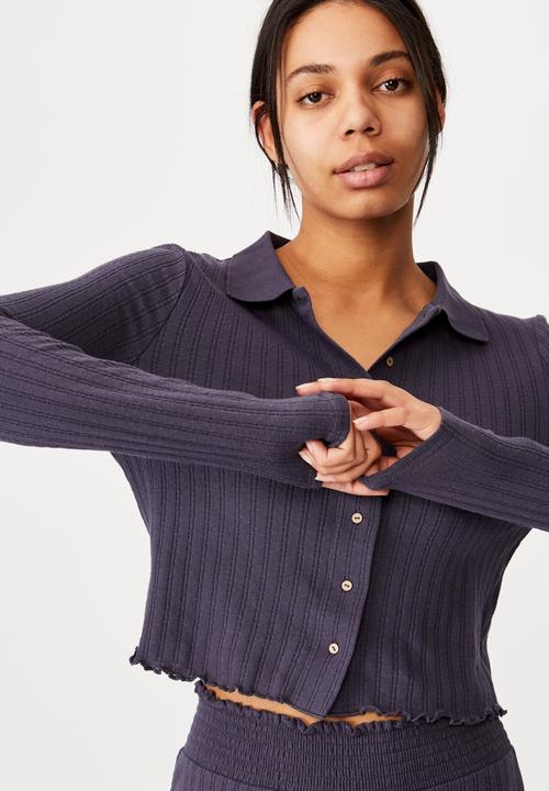 Cotton On - Knit pointelle polo long sleeve - charcoal