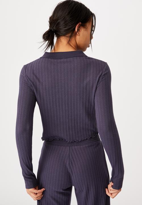 Cotton On - Knit pointelle polo long sleeve - charcoal