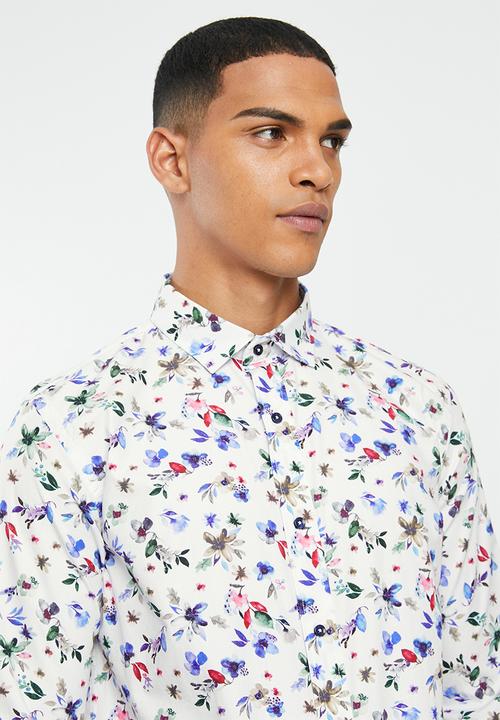 Jonathan D - Casual long sleeve slim fit printed shirt - white