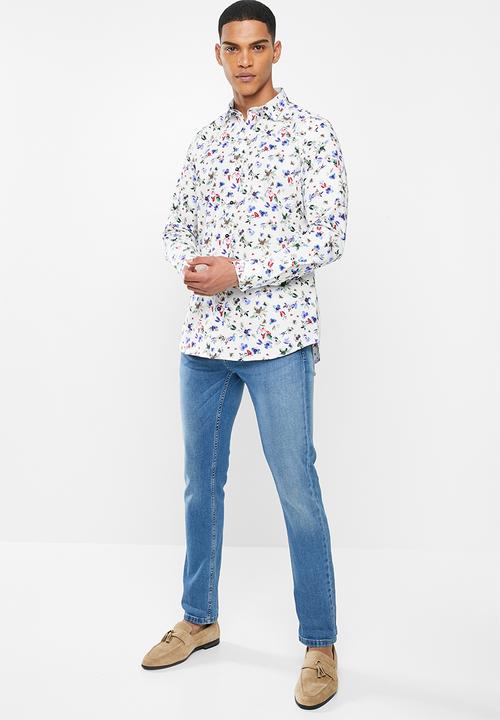 Jonathan D - Casual long sleeve slim fit printed shirt - white