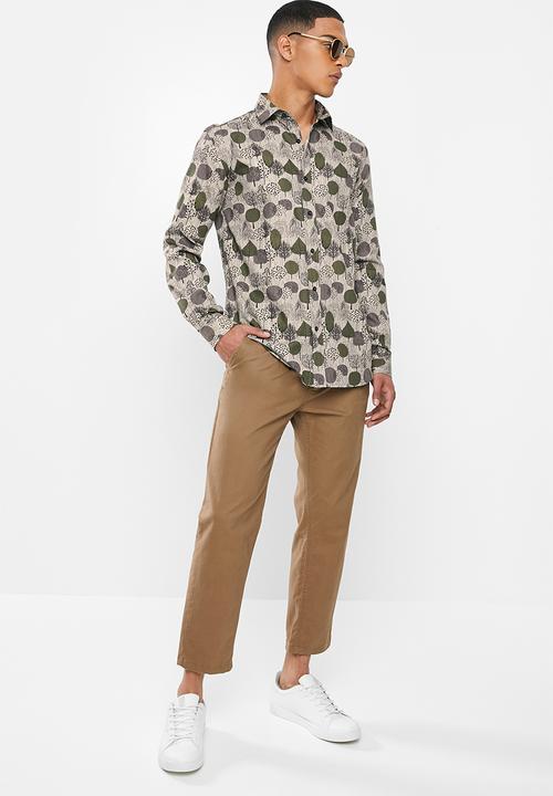 Jonathan D - Casual long sleeve slim fit printed shirt - khaki