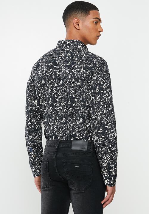 Jonathan D - Casual long sleeve slim fit printed shirt - black