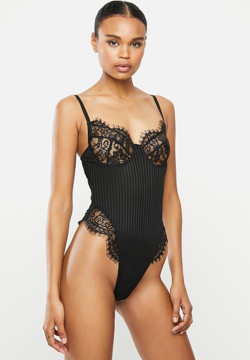 Missguided - Sheer stripe lace mix bodysuit - black