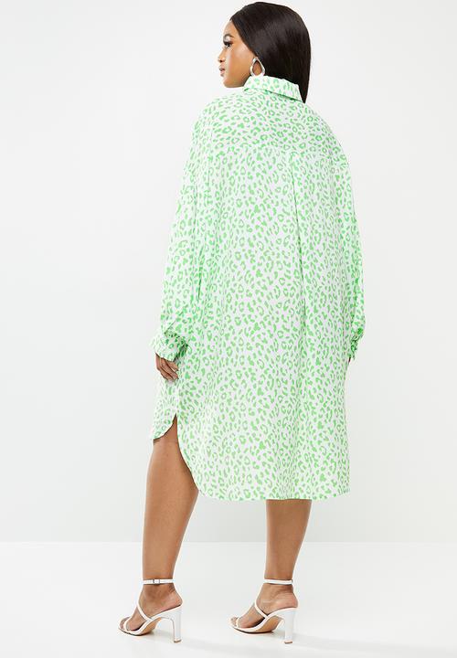 Glamorous - Plus size leopard shirt dress - green & white