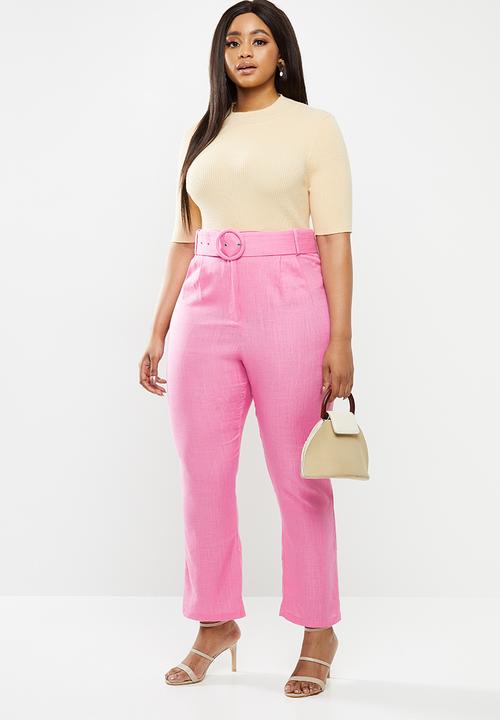 Glamorous - Plus high waisted belted crop trouser - pink