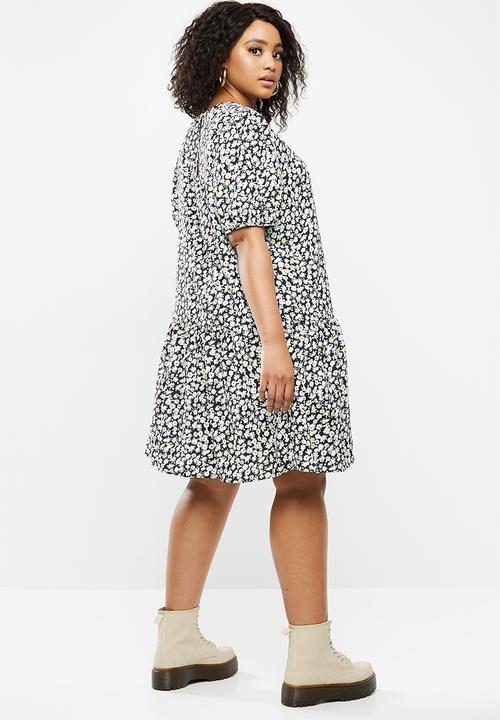Blake - Dropped waist mini dress with puff sleeves - black 