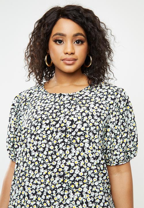 Blake - Dropped waist mini dress with puff sleeves - black 