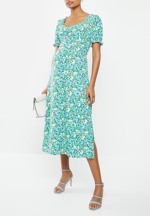 Glamorous - Maternity Abstract floral puff sleeve midi dress - green