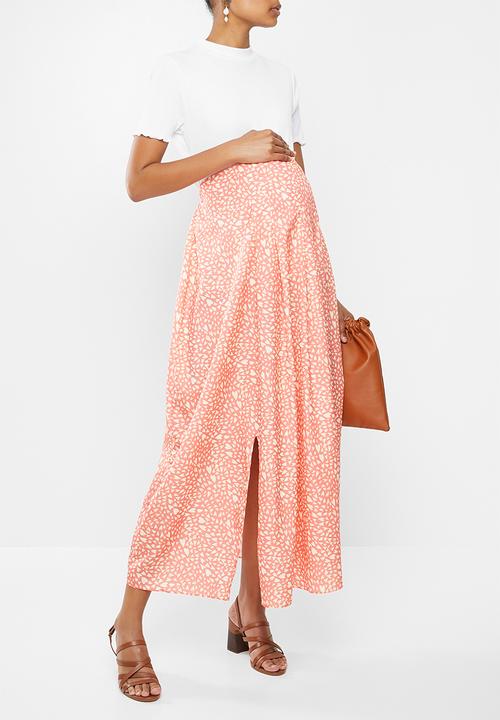 Glamorous - Printed heart midi split maternity skirt - pink & yellow