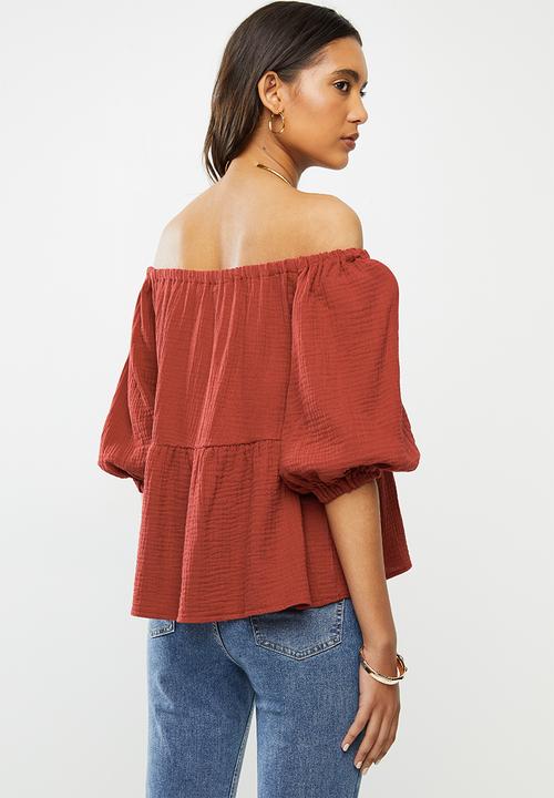 VELVET - Bardot puff sleeve blouse - rust