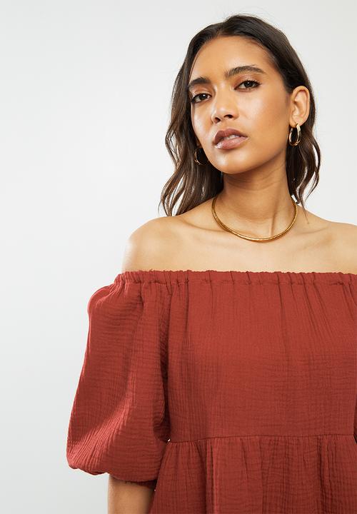 VELVET - Bardot puff sleeve blouse - rust