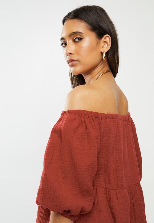 VELVET - Bardot puff sleeve blouse - rust