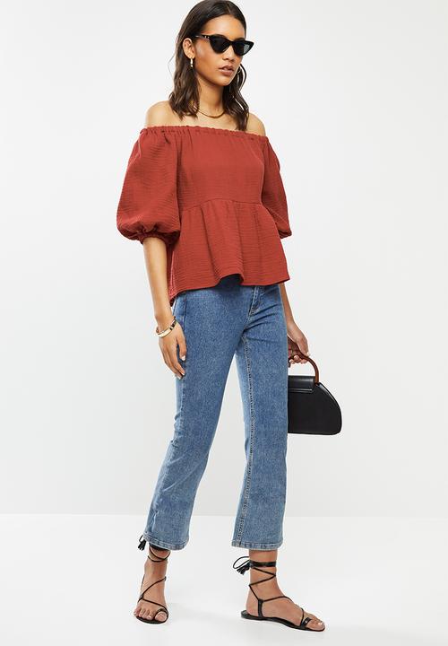 VELVET - Bardot puff sleeve blouse - rust