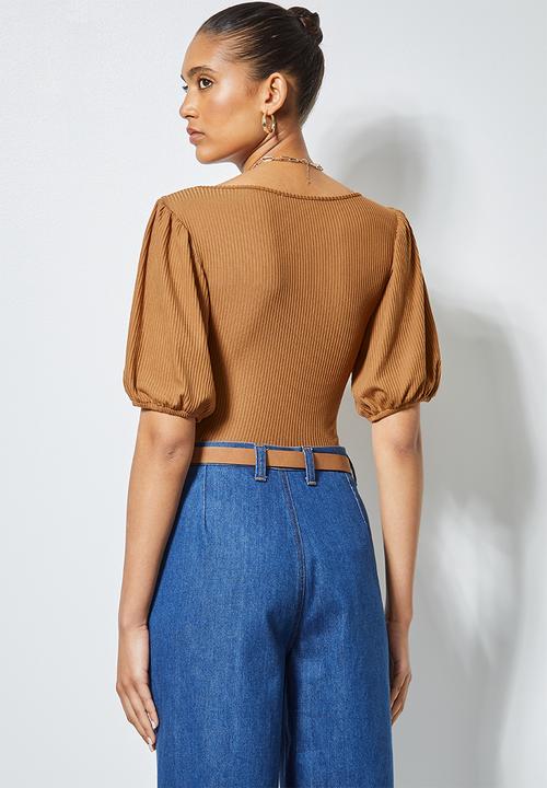 Superbalist - V-neck ribbed puff sleeve bodysuit - tobacco
