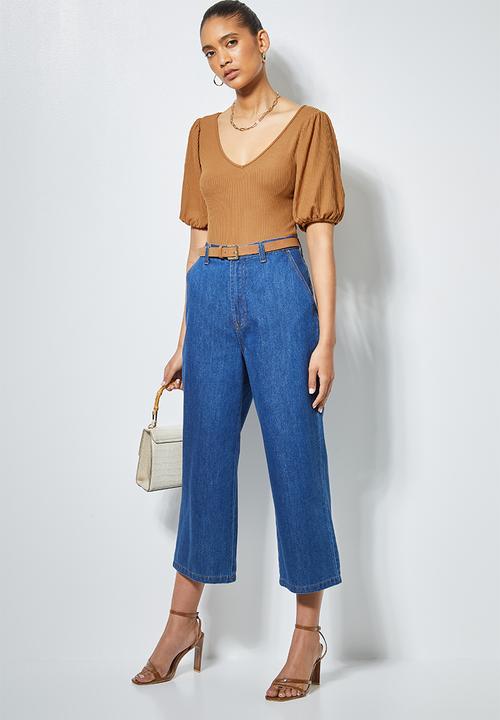 Superbalist - V-neck ribbed puff sleeve bodysuit - tobacco