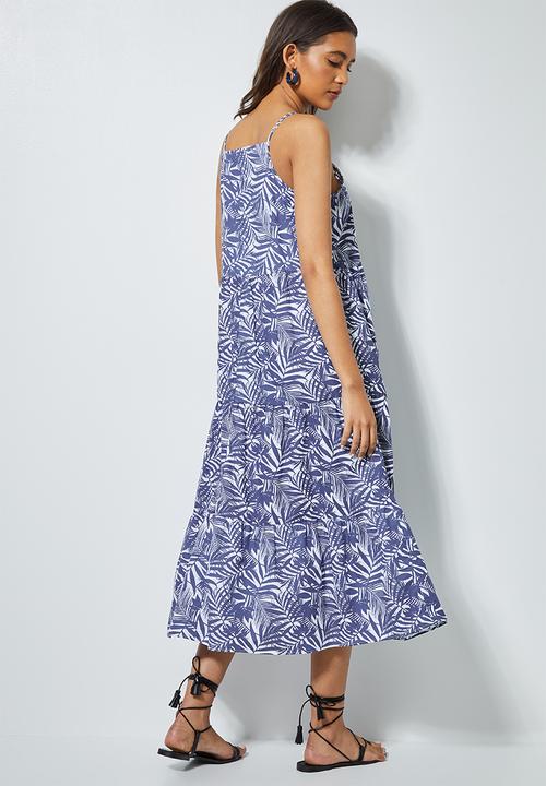 Superbalist - Cotton strappy tiered midi - navy palm print