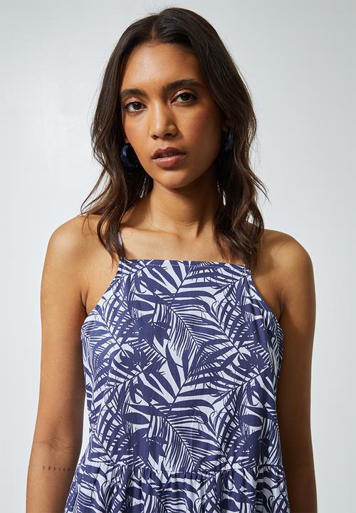 Superbalist - Cotton strappy tiered midi - navy palm print