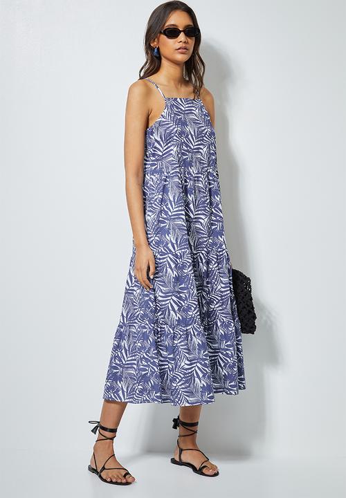 Superbalist - Cotton strappy tiered midi - navy palm print