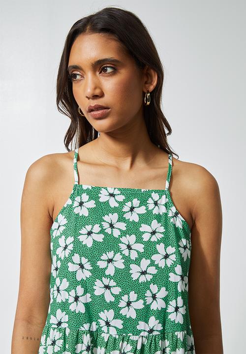 Superbalist - Cotton strappy tiered midi - green spot daisy