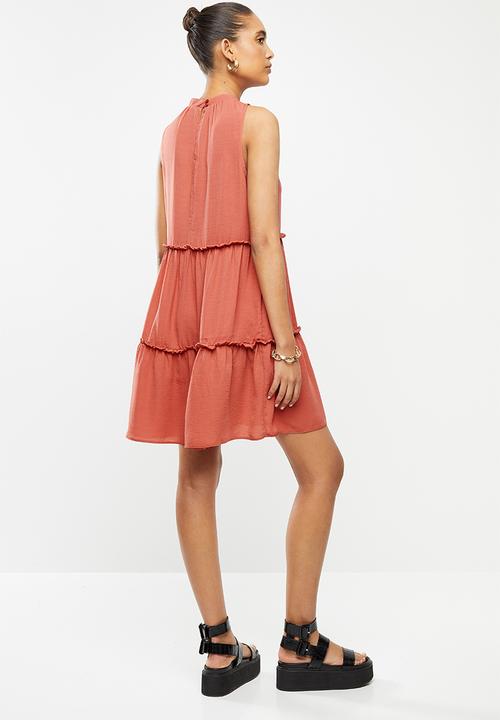 Blake - Tiered turtleneck mini dress - rust