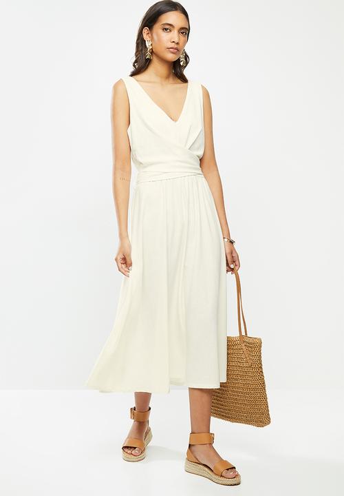 VELVET - Rayon linen wrap front midi dress - ivory