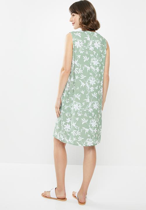 edit - Sleeveless mandarin short dress - sage & white