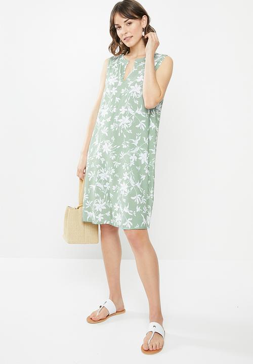 edit - Sleeveless mandarin short dress - sage & white