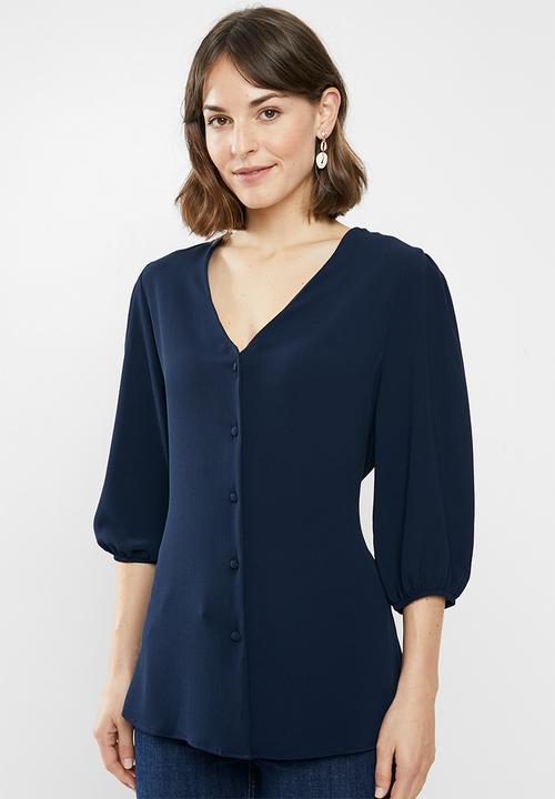 edit - 3/4 Sleeve button down waisted blouse - navy