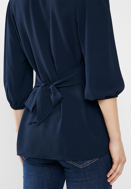 edit - 3/4 Sleeve button down waisted blouse - navy
