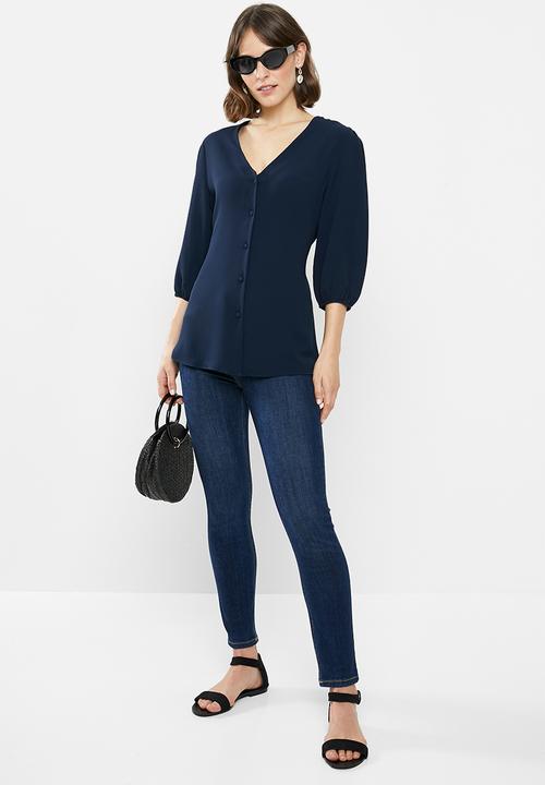 edit - 3/4 Sleeve button down waisted blouse - navy