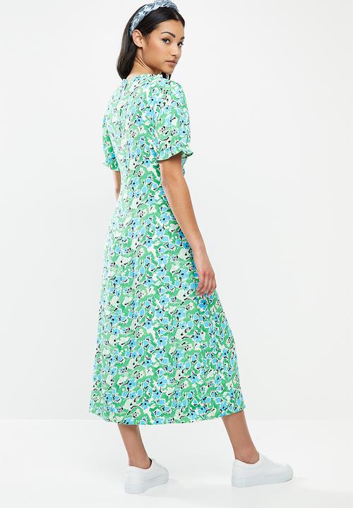 Glamorous - Petite abstract floral puff sleeve midi dress - green