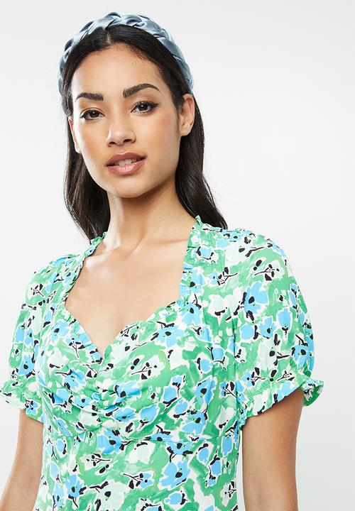 Glamorous - Petite abstract floral puff sleeve midi dress - green