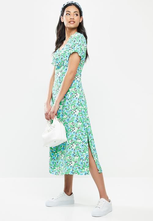 Glamorous - Petite abstract floral puff sleeve midi dress - green