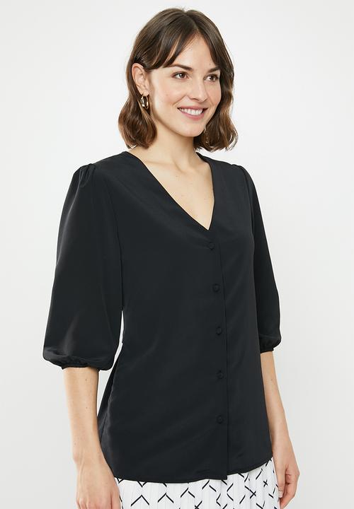 edit - 3/4 Sleeve button down waisted blouse - black 