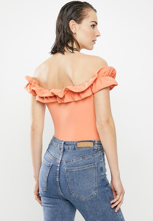 MILLA - Ruffle bardot bodysuit - coral