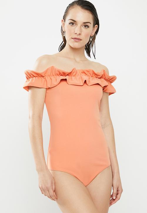 MILLA - Ruffle bardot bodysuit - coral