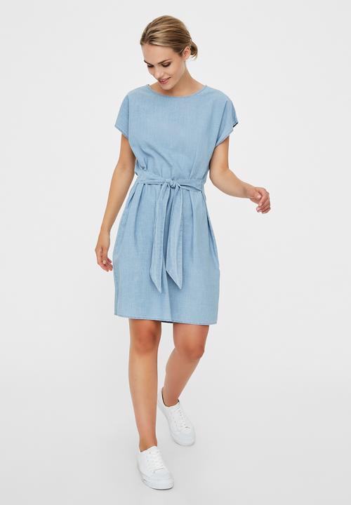 Vero Moda - Miley short sleeve tie waist loose dress - blue