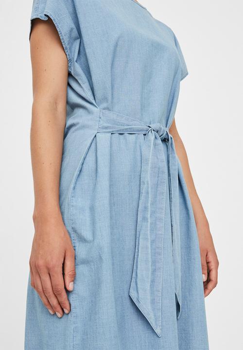 Vero Moda - Miley short sleeve tie waist loose dress - blue
