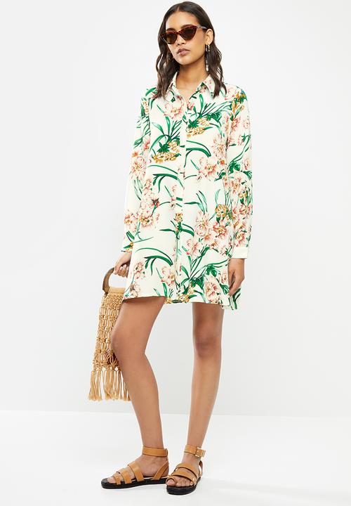 Glamorous - Long sleeve button through swing shirt dress - multi 
