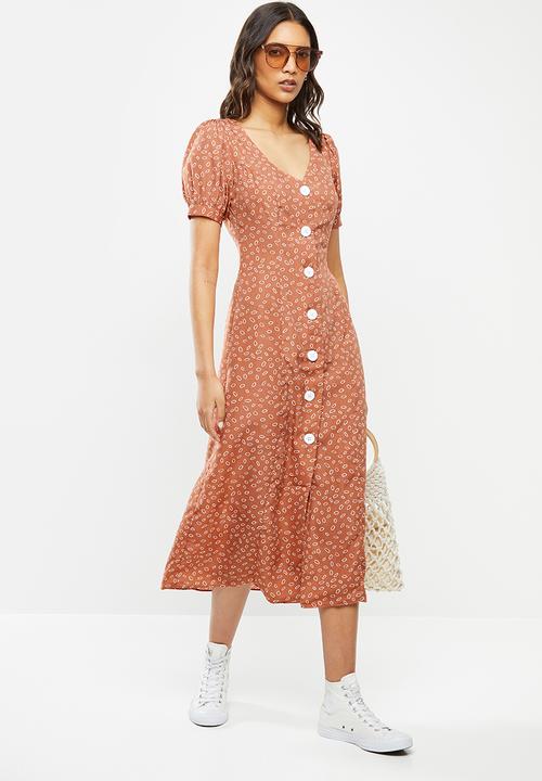 Glamorous - Button through midi dress - rust & white 