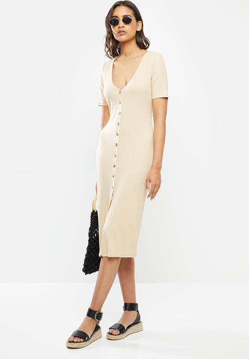 Glamorous - Button through rib dress - stone