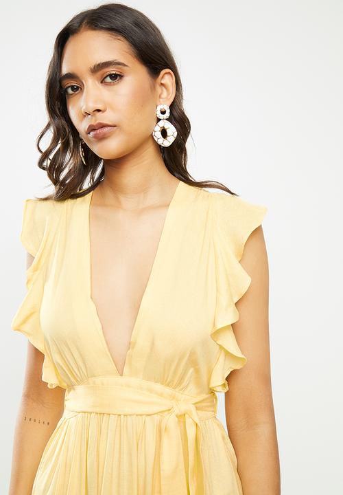 Glamorous - Deep v-neck tie front midi dress - yellow 