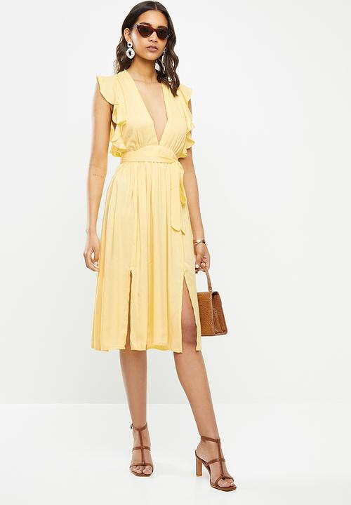 Glamorous - Deep v-neck tie front midi dress - yellow 