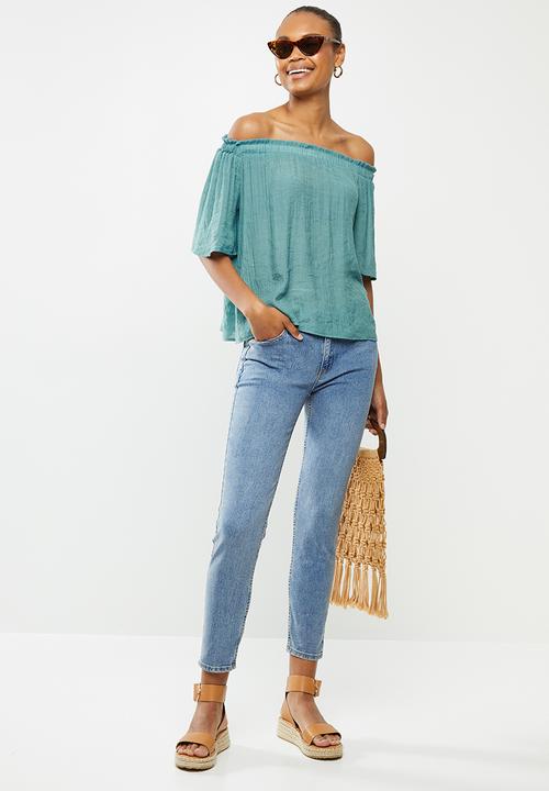 edit - Crinkle georgette off the shoulder top - teal