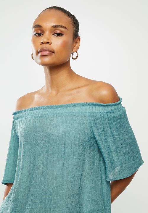 edit - Crinkle georgette off the shoulder top - teal