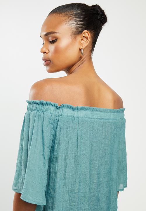 edit - Crinkle georgette off the shoulder top - teal